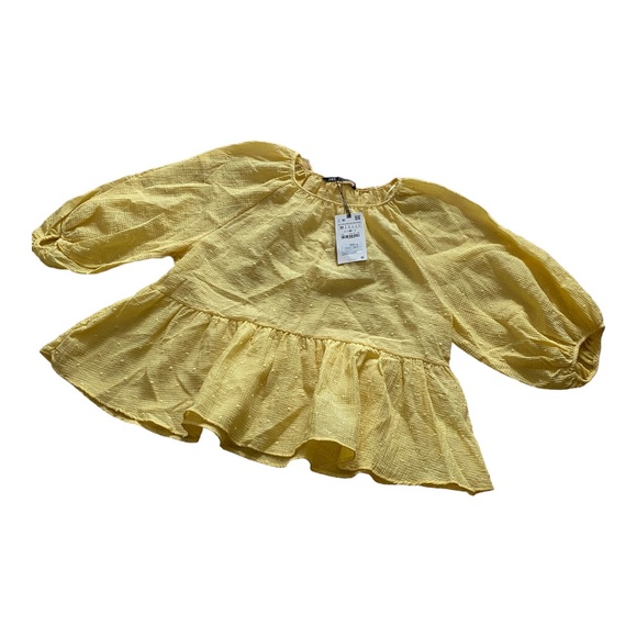 NWT Zara Swiss Dot Volume Blouse Yellow Puffed Sleeve Sheer Blouse M - Picture 7 of 11